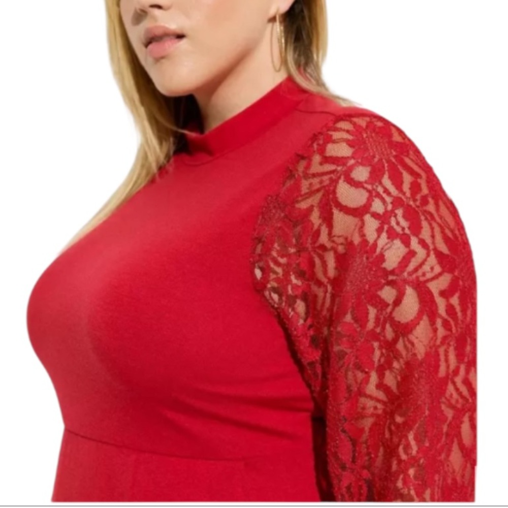 Torrid Red Lace Sleeve Mock Neck Skater Dress Plus Size 3X NWT Knee Length - Picture 3 of 6